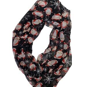 Beautiful Lightweight Santa Scarf; Round, Black with Lots of Santas; 30" x 70"